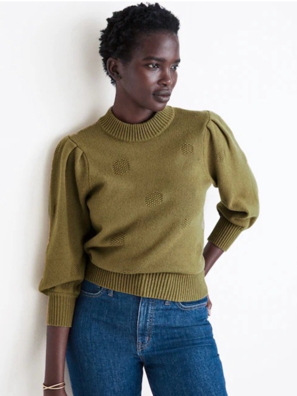 Madewell Eaton Cotton Merino Wool Blend Puff-Sleeve Crewneck Sweater Olive Green